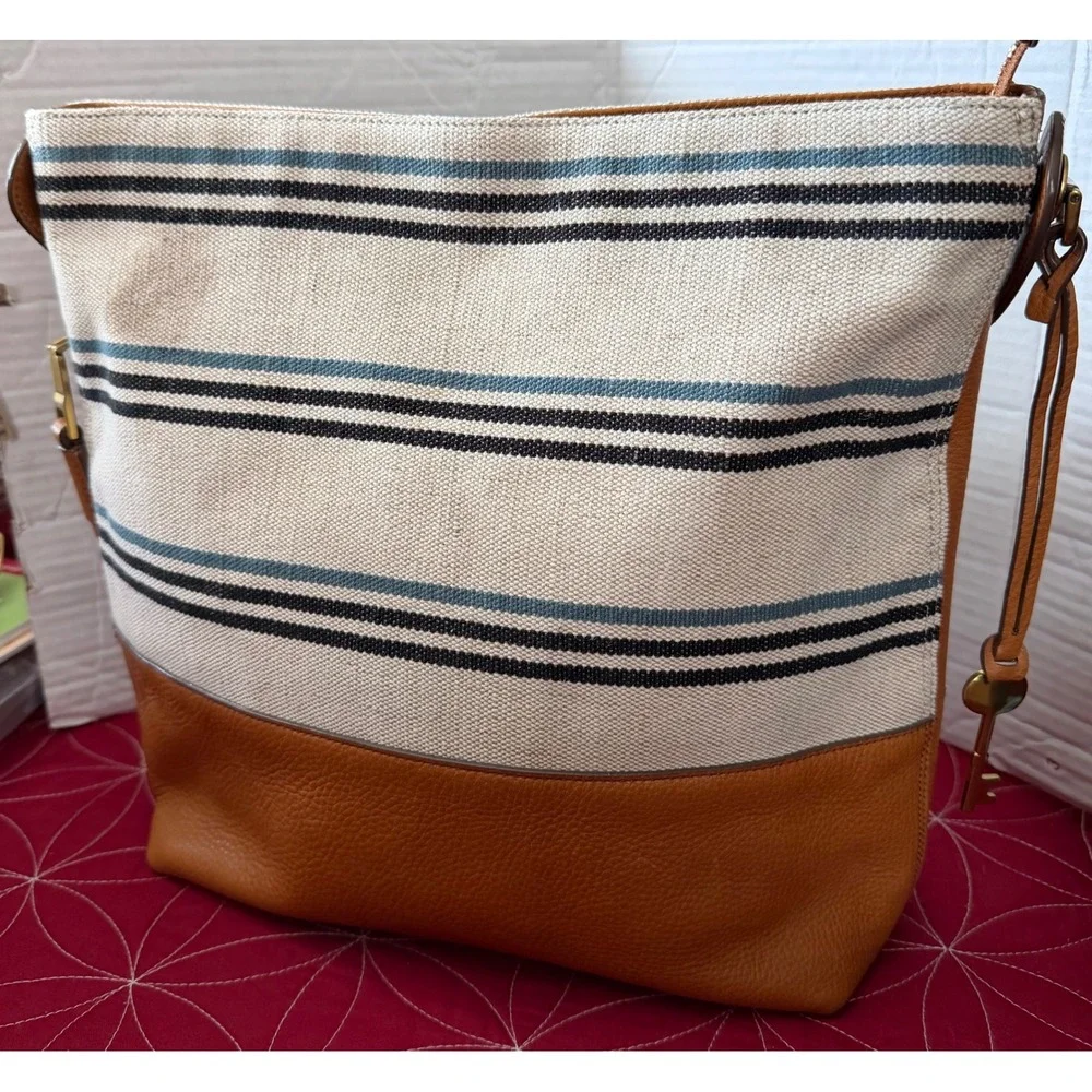Fossil Maya Hobo Bag Striped Canvas Leather Shoulder Crossbody Tan Blue ZB7230 - Picture 2 of 10